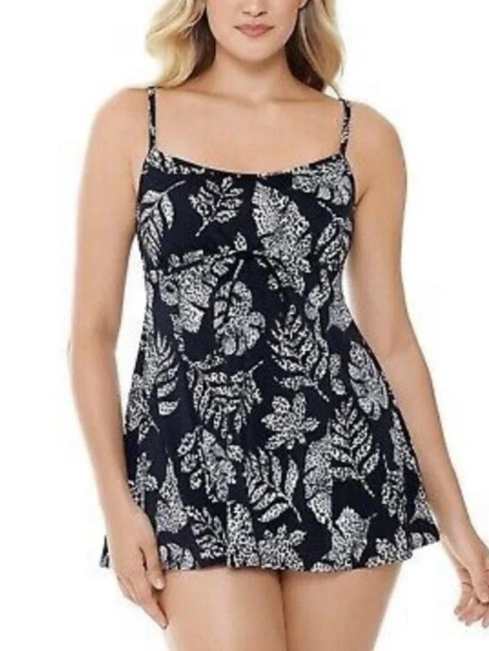 Swim Solutions Spotted Leaves Empire Waist Tummy Control Swimdress Size 24w - Picture 10 of 11